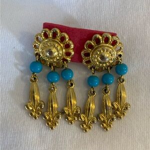 Fleur de Lis Vintage Chandelier Earrings w/ Faux Turquoise